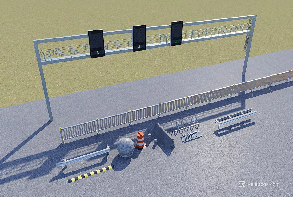 Road Infrastructure With Gantry Digital Displays Guardrails Traffic Cones And Speed Limit Sign 3d model 