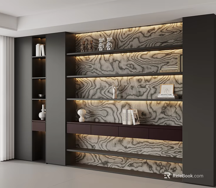 Modern Bookcase With Illuminated Textured Backdrop And Decorative Items On Shelves 3d model 