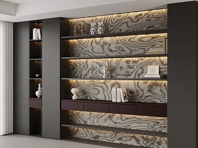 Modern Bookcase With Illuminated Textured Backdrop And Decorative Items On Shelves 3d model