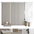 Modern Minimalist Bedroom Accent Wall In Light Gray With Vertical Lines And Decor