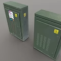 Two Green Metal Electrical Cabinets With Warning Signs And Colored Sticker