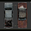 Two Old Abandoned Rusty Blue And Red Cars On Dark Background