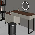 Modern Dressing Table With Brown Top White Drawers Round Mirror And Side Shelf 3d model