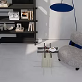 Modern Dark Wood Bookcase With Layered Shelves Accent Chair And Floor Lamp