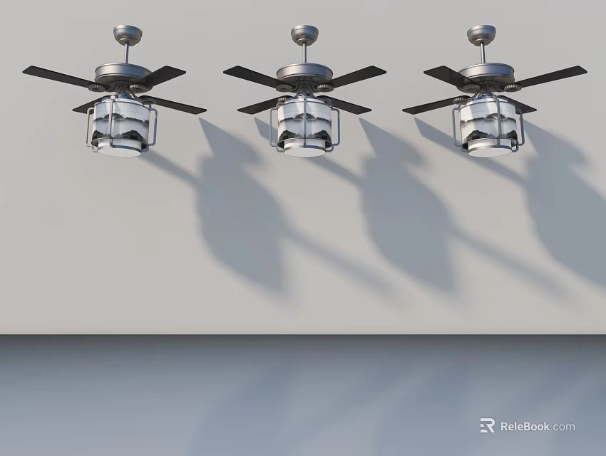 Hinged Door Interior Featuring Three Ceiling Fans On White Wall With Shadows 3d model 