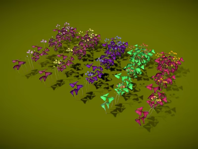 Colorful Garden Plants With Purple Green Red And Pink Flowers On Green Background 3d model