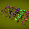 Colorful Garden Plants With Purple Green Red And Pink Flowers On Green Background
