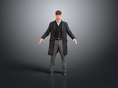A Man Wearing a Hat Coat Vest and Trousers Standing with Arms Outstretched 3d model