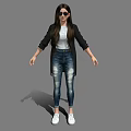 Stylish Woman Wearing Black Jacket White Top Blue Jeans And White Sneakers With Sunglasses