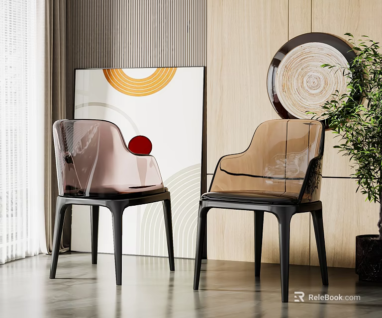 Transparent Modern Dining Chairs With Black Legs And Wall Art Indoor Plant Decor 3d model 