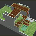Cartoon Scene Architectural Model With Green Lawn Wooden Floors And Water Pool