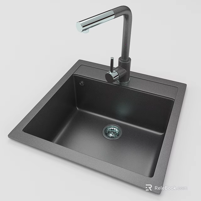 Black Single Bowl Kitchen Sink With Modern Faucet And Quartz Material 3d model 