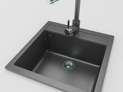 Black Single Bowl Kitchen Sink With Modern Faucet And Quartz Material 3d model