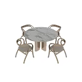 Round Marble Tabletop Dining Table Set With Metal Frame Chairs And Light Colored Cushions 3d model