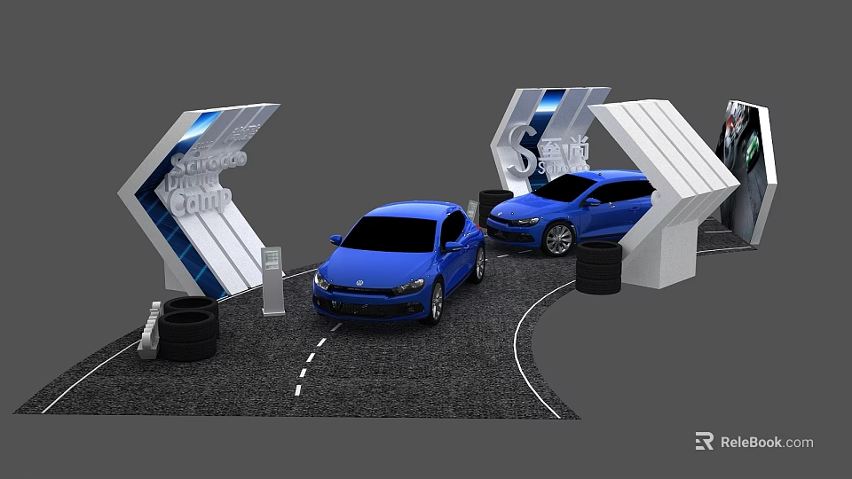 S shaped Modern Car Exhibition Display Shelves With Blue Cars And Tyre Decorations 3d model 