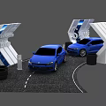 S shaped Modern Car Exhibition Display Shelves With Blue Cars And Tyre Decorations