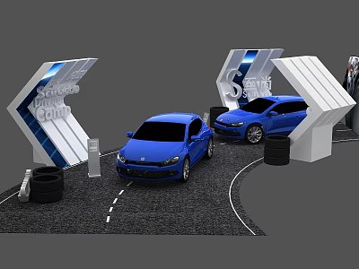 S shaped Modern Car Exhibition Display Shelves With Blue Cars And Tyre Decorations 3d model
