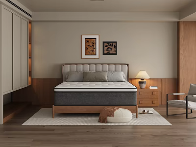 Solid Wood Frame Double Bed With Soft Upholstered Headboard For Warm Minimalist Bedroom Interior Design 3d model