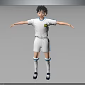 Young Boy In White Sports Uniform With Yellow Logo Standing Arms Outstretched On Gray Background