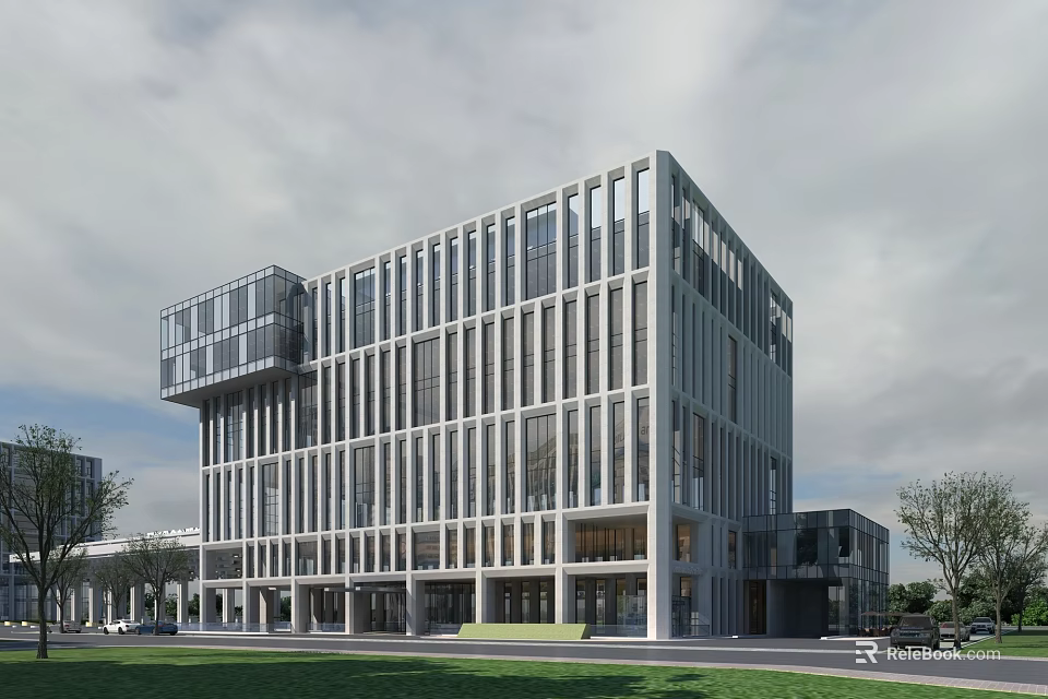 Multi Story Modern Office Building Glass Facade Exterior Surrounded By Lawns Trees And Parking Area 3d model 
