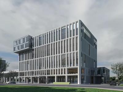 Multi Story Modern Office Building Glass Facade Exterior Surrounded By Lawns Trees And Parking Area 3d model