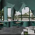 Light Green Lounge Area Interior With Wavy Ceiling Round Tables Green Chairs And Plants