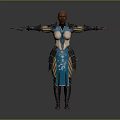 Woman With Bald Head In Blue And Gold Patterned Outfit Holding Sword With Arms Outstretched