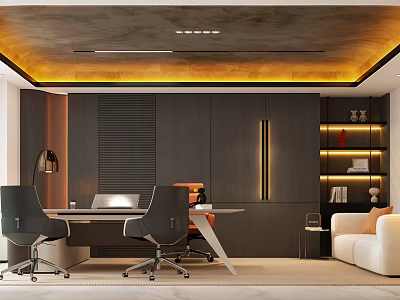 Modern Office Interior With Dark Furniture Desk Office Chairs Sofa Bookshelves And Warm Lighting 3d model
