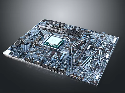 Detailed Computer Motherboard With Circuit Layout CPU Socket Memory Slots And Components 3d model