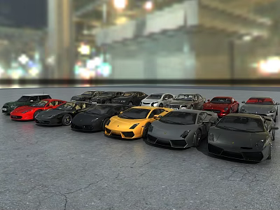 Multiple Luxury Sports Cars in Various Colors Parked Together with Urban Lights Background 3d model