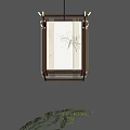 Chinese Style Square Chandelier With Bamboo Pattern Golden Frame And Dark Wall Green Plant