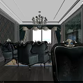Elegant Dining Room Interior With Chandelier Dining Table Chairs And Floral Wall Art
