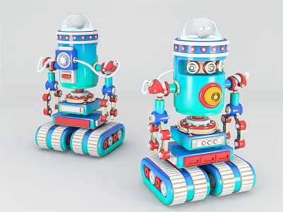 Blue Toy Robots With Tracked Base Red Accents And Transparent Dome 3d model