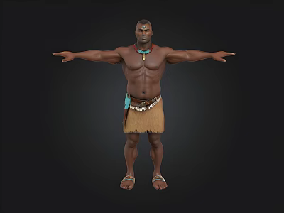 Shirtless Male Figure With Beaded Necklace Fringed Skirt And Sandals Arms Outstretched 3d model
