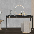 Elegant Black Dressing Table With Round Mirror And Gold Frame On Gray Textured Wall 3d model