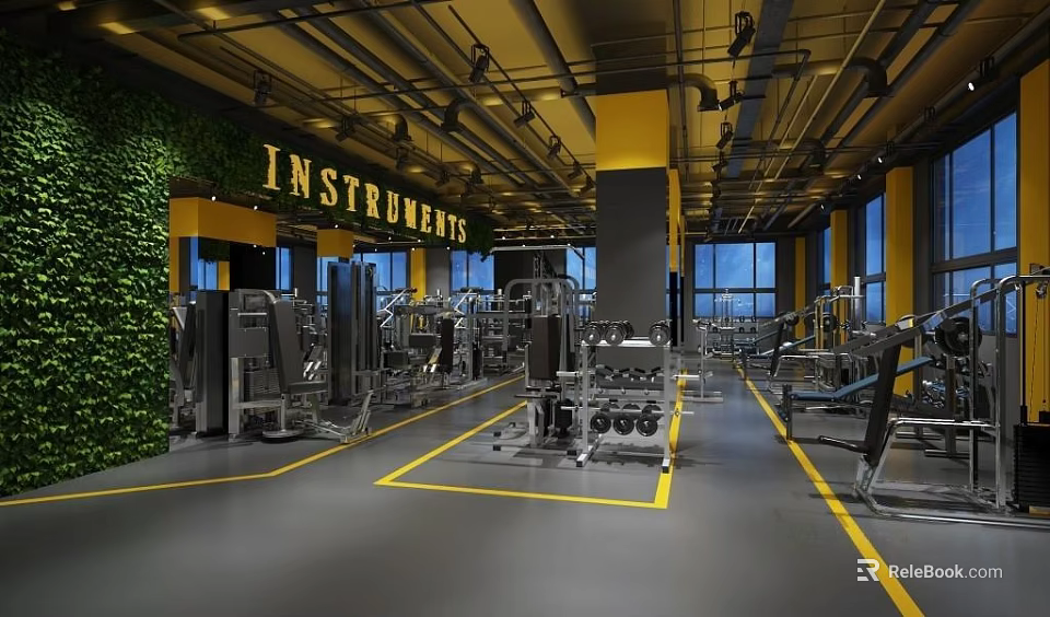 Spacious Fitness Gym Interior With Modern Workout Equipment Green Plant Wall And Yellow Lines 3d model 