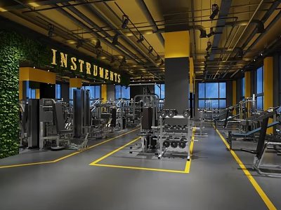 Spacious Fitness Gym Interior With Modern Workout Equipment Green Plant Wall And Yellow Lines 3d model