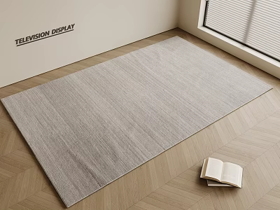Light Gray Square Rug on Herringbone Wooden Floor with Open Book and Window Blinds 3d model