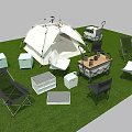 White Outdoor Camping Tent With Foldable Chairs Tables And Storage Boxes On Green Grass
