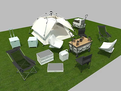 White Outdoor Camping Tent With Foldable Chairs Tables And Storage Boxes On Green Grass 3d model