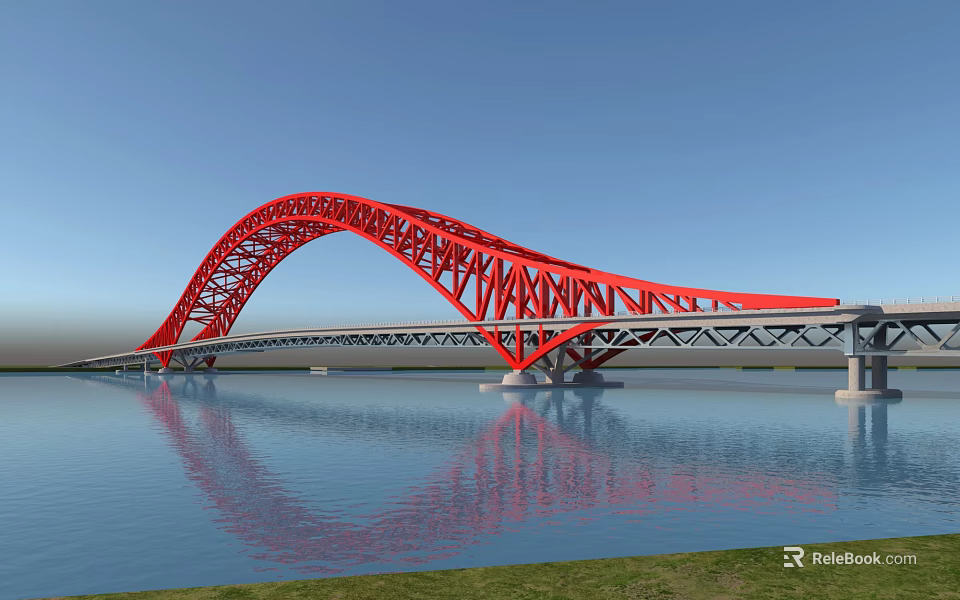 Red Arch Steel Frame Bridge Spanning Water With Reflection In Blue Sky 3d model 