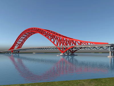 Red Arch Steel Frame Bridge Spanning Water With Reflection In Blue Sky 3d model