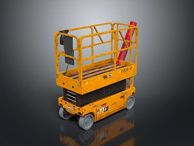 Yellow Industrial Scissor Lift With Guard Rails Red Fire Extinguisher And Four Wheels 3d model