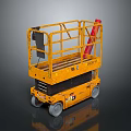 Yellow Industrial Scissor Lift With Guard Rails Red Fire Extinguisher And Four Wheels