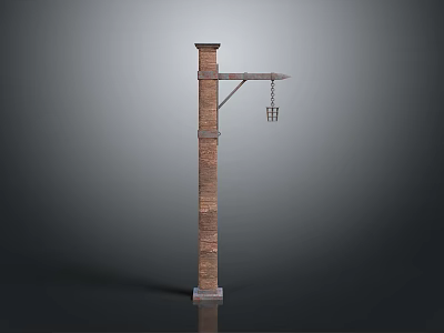 Brick Lamp Post With Extended Arm And Hanging Lantern For Outdoor Scenes 3d model