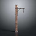 Brick Lamp Post With Extended Arm And Hanging Lantern For Outdoor Scenes