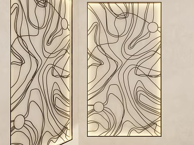 Abstract Line Art Wall Decor With Circular Patterns And Double Panels 3d model
