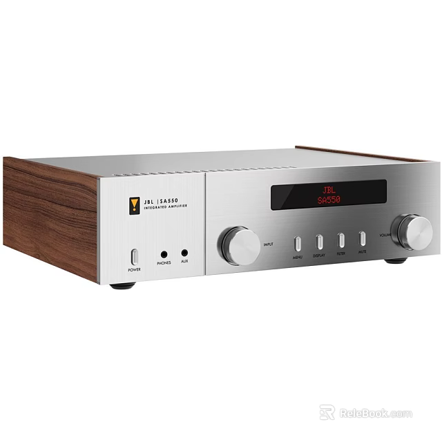 Modern Headphone Audio Amplifier with Wooden Side Panels Silver Front Panel Display Screen and Knobs 3d model 
