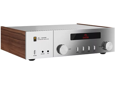 Modern Headphone Audio Amplifier with Wooden Side Panels Silver Front Panel Display Screen and Knobs 3d model