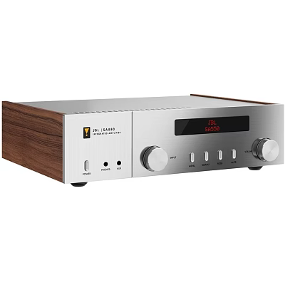Modern Headphone Audio Amplifier with Wooden Side Panels Silver Front Panel Display Screen and Knobs 3d model